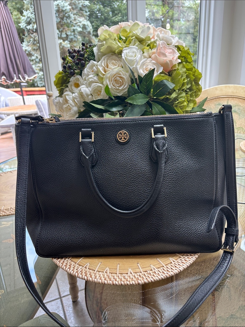 Tory Burch Robinson Double
Zip Black Pebbled Leather Satchel Gold Hardware $575
